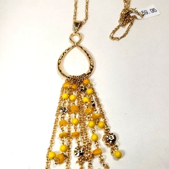 Gold Teardrop Infinity Tassel Necklace — Multi‑Strand Yellow Bead Accent Pendant - Picture 5 of 11